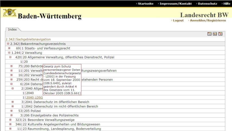 Durch Anklicken des Textes hinter der Gliederungsnummer werden die entsprechenden Einträge unter dieser Nummer in die Trefferliste übernommen.