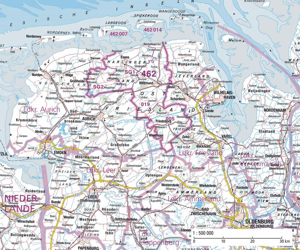 Landkreis Wittmund Bezirk Weser-Ems Übersicht und Gebietsentwicklung Mit 656 km 2 ist der Kreis Wittmund einer der kleinsten in Niedersachsen. Er weist 57 800 Einw.