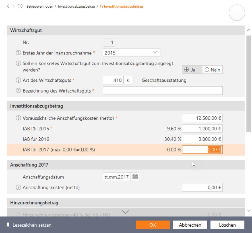 Bedienanleitung Mithilfe des Investitionsabzugsbetrags können Betriebe auf Investitionen sparen. 1. Klicken Sie in der Übersicht Investitionsabzugsbetrag auf die Schaltfläche Neuer Eintrag. 2.