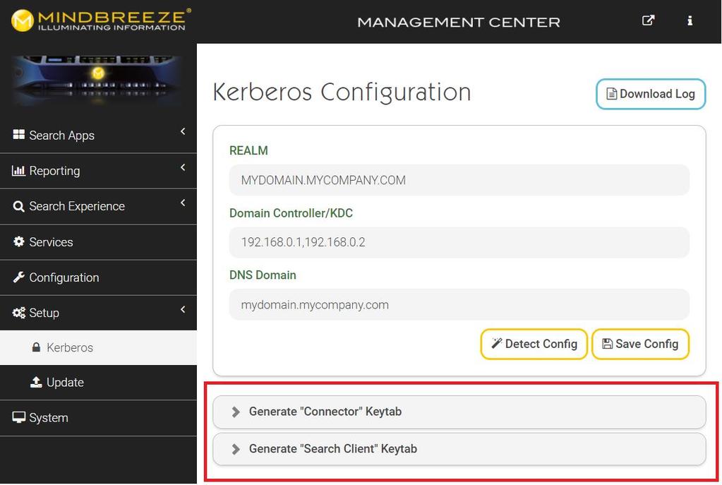 Wenn alles korrekt gespeichert ist, erscheinen unten zwei neue Sektionen: Generate Connector Keytab Generate Search Client Keytab 2.