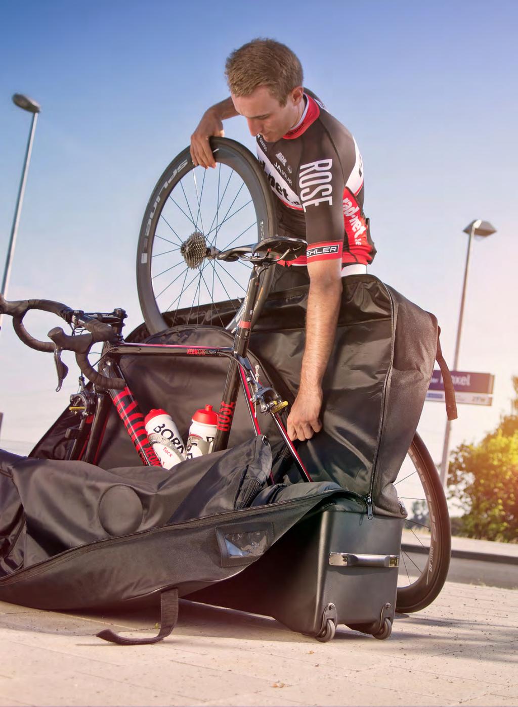 bike bag Kombination aus bike bag und bike case: Bodenwanne aus ABS die übergeht in eine Tasche aus gepolstertem Nylon geeignet für den