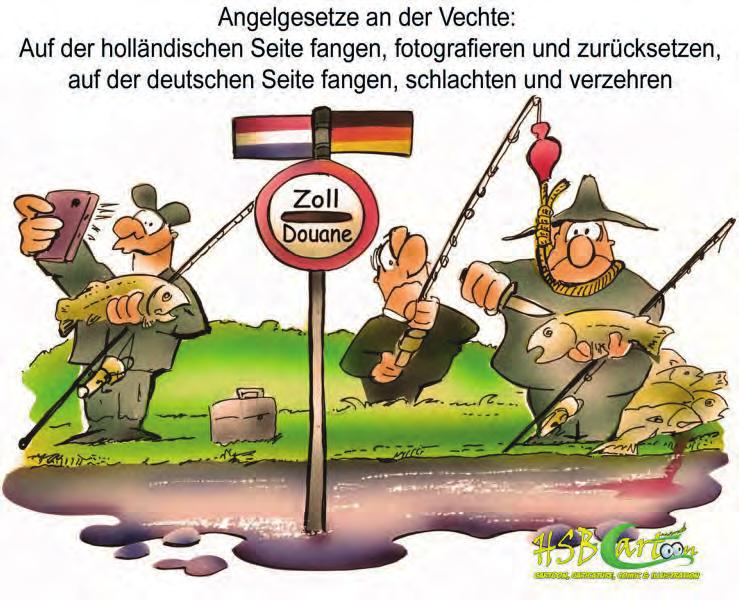 berichte Karikatur: Wie weit darf Angeln gehen? In Deutschland und den Niederlanden gibt es verschiedene Gesetze beim Fischfang Andere Länder - anderes Angeln.