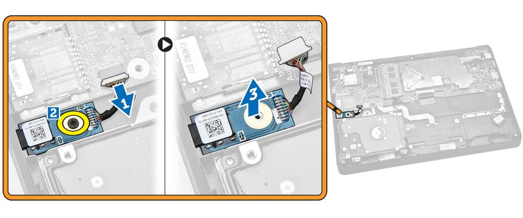 Einbauen der Audioplatine 1. Bringen Sie die Audioplatine an ihrer Position am Computer an. 2. Ziehen Sie die Schraube fest, mit der die Audioplatine am Computer befestigt ist. 3.