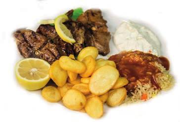 Lammsouvlaki zwei Lammsteakspieße mit Kräuterbutter, Reis, frittierten Kartoffeln, Krautsalat und Tzatziki 16,50 60.