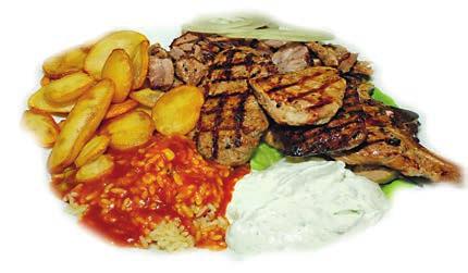 Fleisch-Platten 67. Olympia-Platte ein Fleischspieß, ein Hacksteak und Giros mit Reis, frittierten Kartoffeln, Krautsalat und Tzatziki 15,90 68.