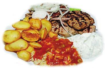 Gyros-Platte ein Fleischspieß und Giros mit Reis, frittierten Kartoffeln, Krautsalat und Tzatziki 14,90 70.