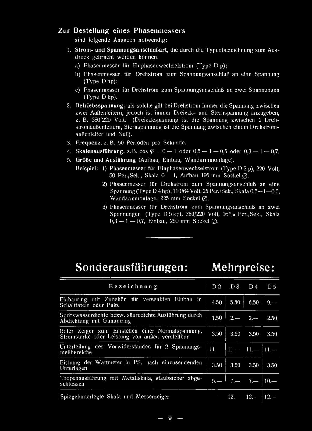phasenmesser für Drehstrom zum Spannungsanschluß an zwei Spannungen (Type D kp). 2.