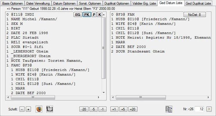 Abb 11: Reiter "Gedcom Datum Liste" Durch den Schaltknopf NoDat: xx wird veranlasst, dass der angezeigte Datum Fehler in die Keine-Datum- Fehler-Datei aufgenommen wird.