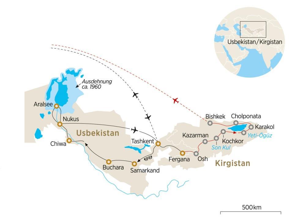 Höhepunkte der Reise Treffen mit einer usbekischen Deutschlehrerin in Buchara Übernachtung in einsamer Landschaft am Aralsee Schiffsfriedhof und Savitsky-Museum Wandern in den Bergen Kirgistans Ihre