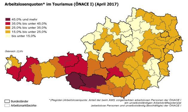 Abbildung 3: Regionale Arbeitslosenquoten im Tourismus nach Arbeitsmarktbezirken April 2017: Juni 2017: Quellen: AMS, Hauptverband der österreichischen Sozialversicherungsträger; Kartographie: AMS