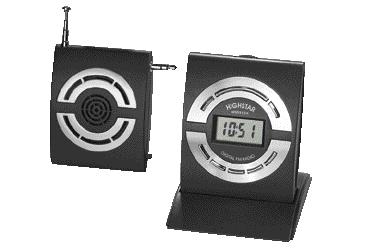 UKW-Scanradio mit abnehmbaren Lautsprechern. Auf Uhr- und Alarmfunktion umzuschalten.