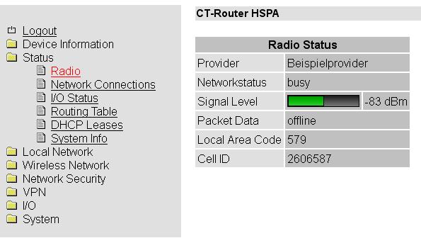 Status In diesem Menü werden Ihnen aktuelle Status-Informationen zum GSM-Netz und Netzwerkverbindungen angezeigt.