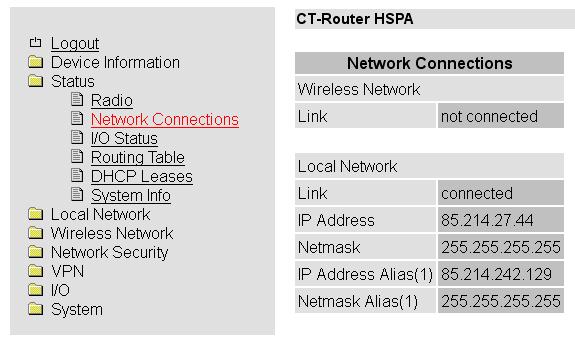 Status Network Connections Status >> Network Connections Network Conncetions Erklärung Wireless Network Link TCP/IP connected: TCP/IP Verbindung im Mobilfunknetz aufgebaut.