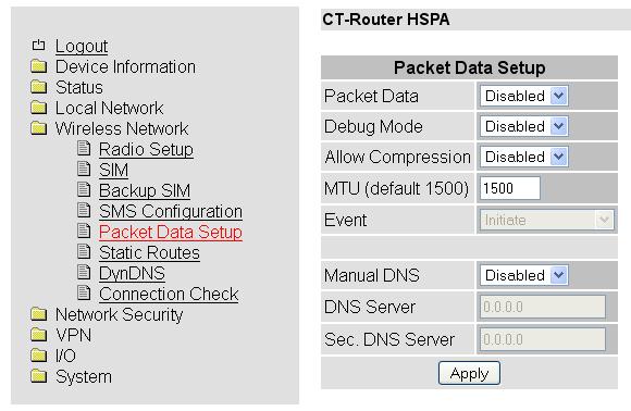 Wireless Network Packet Data Setup Wireless Network >> Packet Data Setup Packet Data Debug Mode Allow Compression MTU (default 1500) Event Manual DNS DNS Server Sec.