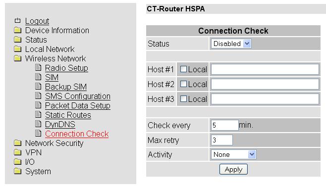 Wireless Network Connection Check Wireless Network >> Connection Check Connection Check Disable: Deaktivierung der Verbindungsprüfung der Paketdaten-Verbindung Enable: Aktivierung der