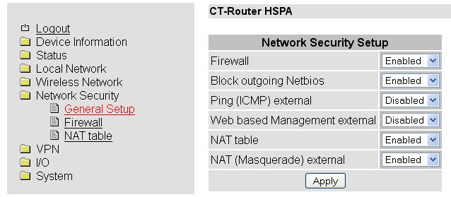 Network Security In diesem Network Security -Menü nehmen Sie Einstellungen zu Netzwerksicherheit vor.