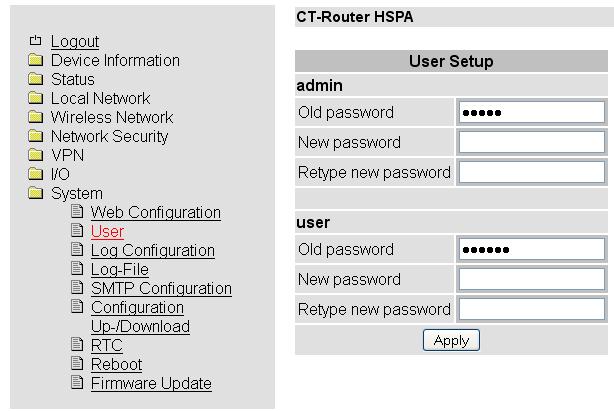 System User (Passwörter) System >> User admin user Uneingeschränkter Zugriff (Schreiben und Lesen) Neues Passwort festlegen Eingeschränkter Zugriff (nur Lesen / nicht alle Bereiche) Neues Passwort