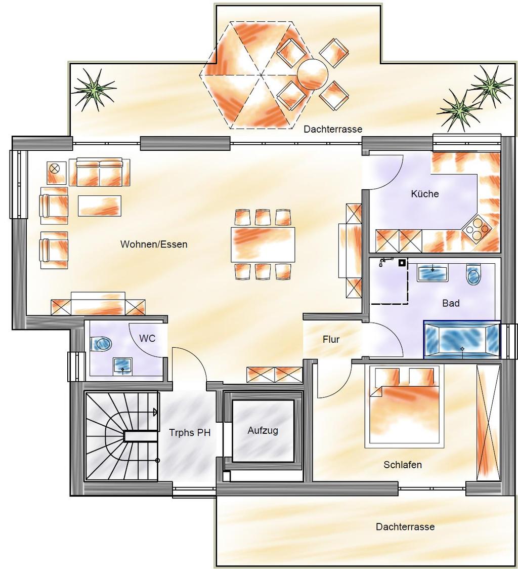 best view Wohnung 7 Penthouse links- (Grundriss nicht maßstabsgerecht) Wohnen/Essen 43,19 m² Küche 9,09 m² Bad 8,99 m² Schlafen 14,88 m²