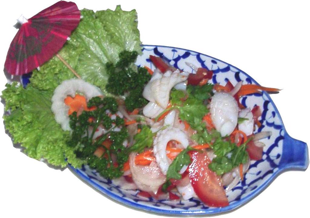 Salate (Salads) 12. Laab Gai 8,90 Leicht warmer Salat aus gehacktem Hühnerfleisch mit Schalotten und getrocknetem Chili Minced chickensalad with red shallot and dried chili 13.