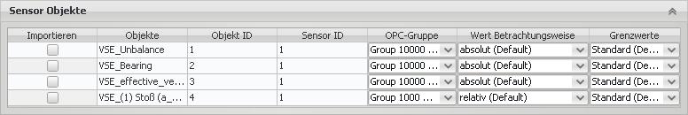 3.4.2 Sensor Objekte In den Sensor Objekten werden alle Objekte aufgelistet, die im Parametersatz der VSE einem der vier Sensoren zugeordnet sind.