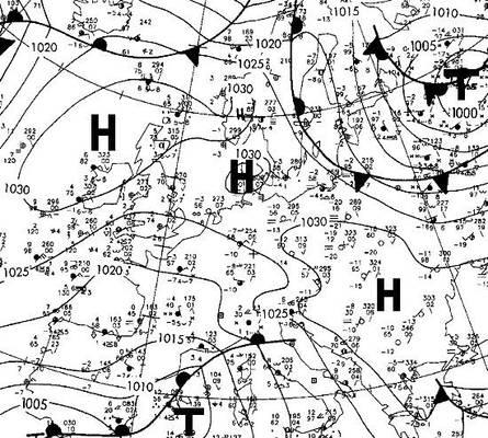 Abb. 2: Bodenwetterkarte vom 28. Januar 2006, 01 Uhr MEZ. Kalte Festlandsluft (cp) war wetterbestimmend.