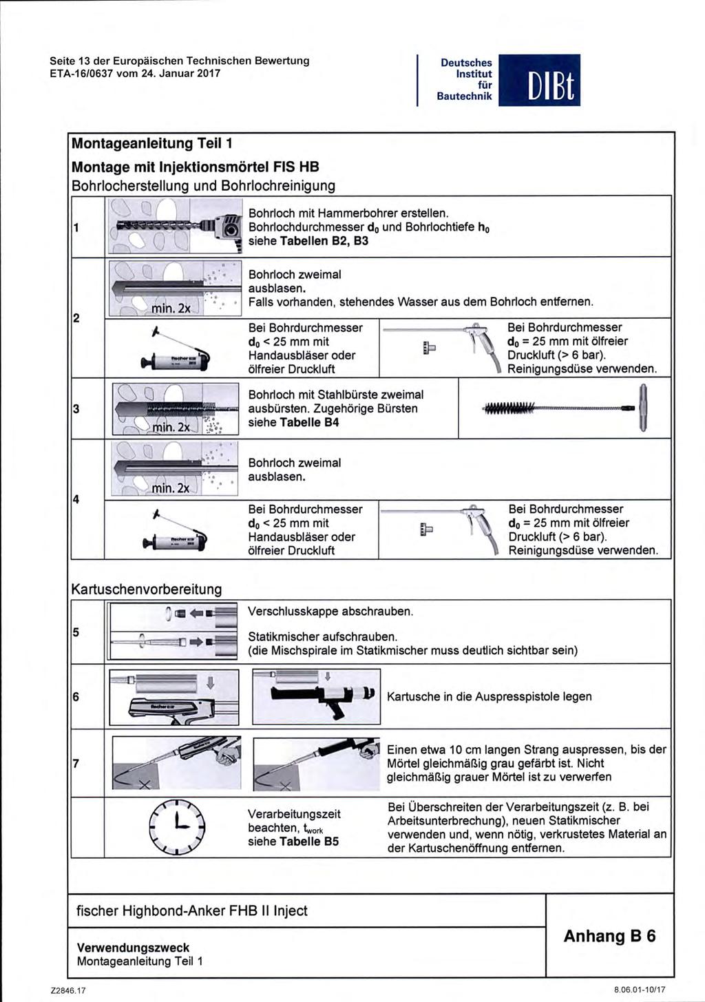 Seite 13 der Europäischen Technischen Bewertung Bautechnil< Montageanleitung Teil 1 Montage mit Injektionsmörtel FIS HB Bohrlocherstellung und Bohrlochreinigung Bohrloch mit Hammerbohrer erstellen.
