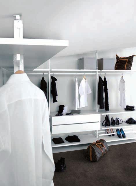extendo extendible profiles and adapters for inclined ceilings in white aluminium C12 finish + shelves, shelves with clothes rails, shoe racks, chest of drawers with two drawers in white lacquered