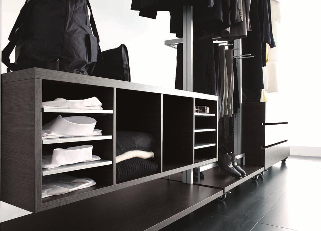 Extendable extendo profiles with silver C04 aluminium finish + shelves, open storage unit, sweater and shirt rack, shoes rack and chest of drawers with three drawers in moka oak melamine M02 finish,