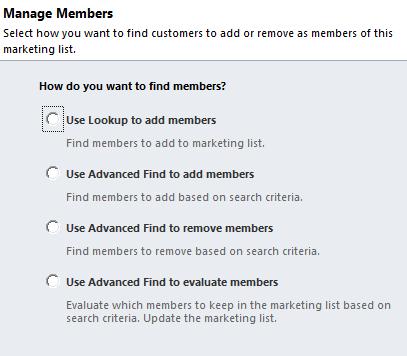 2.1 Campaign management Static Marketing Lists 39 Static members are added manually by using search or query tool.