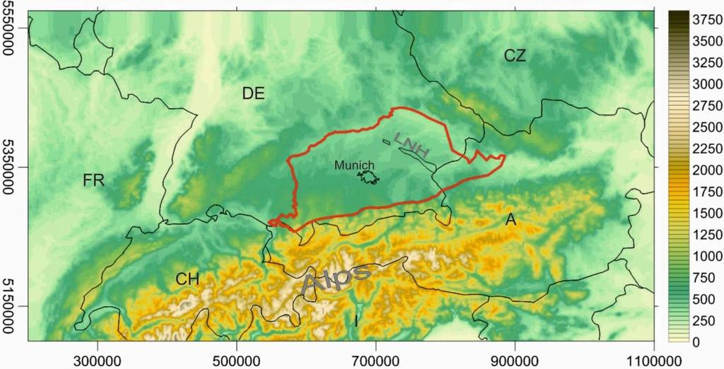 Databased 3D structural modelling Elevation (m asl) Nördliner Ries Faltenmolasse Vorlandmolasse Kreidesedimente Malm (Oberes Jura) PreMalm-Sedimente Alpenkörper Tauernkörper 500 km (N-S) x 450 km