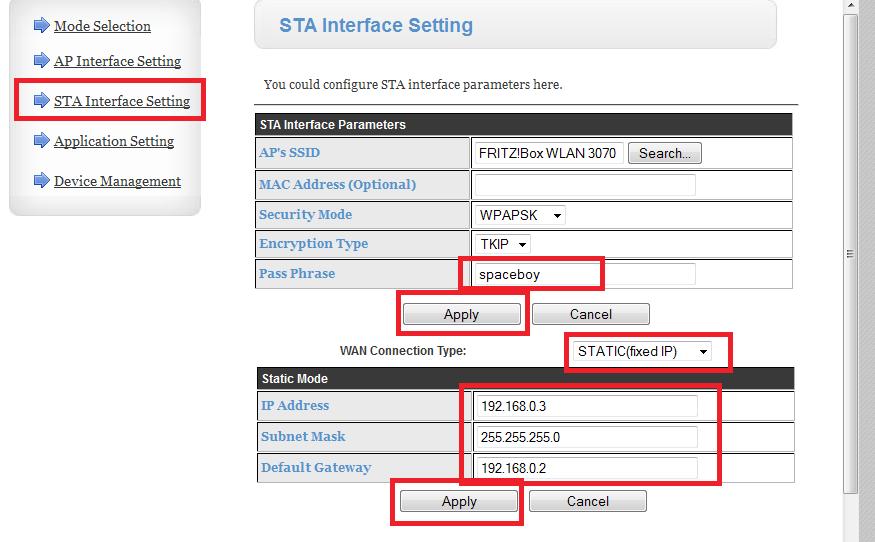 Wieder auf die Seite STA Interface Settings gehen.