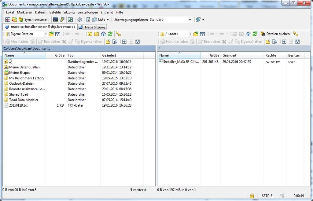 Nun öffnet sich das eigentliche Datenübertragungsfenster: Linke Seite des WinSCP Fensters Ihre lokalen Verzeichnisse bzw.