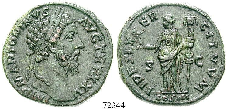 RIC 159; MIR 140. feines Portrait. vz 190,- 72352 Me-Dupondius 145-161, Rom. 13,32 g. Kopf r.