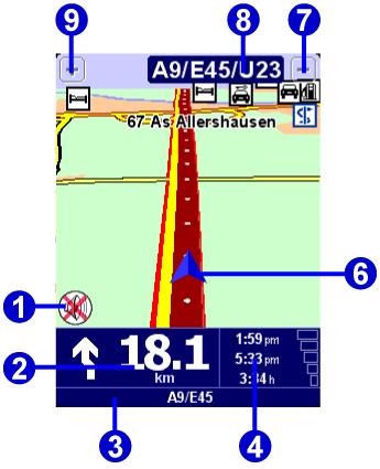 "Verkleinern"- Schaltfläche Der dunkelrote Streifen zeigt die berechnete Route an. Die Routenanweisungen führen Sie diese Strecke entlang zu Ihrem Zielpunkt.