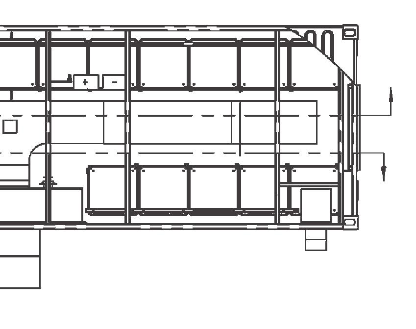 Containertür 2 Transformatorgehäuse 3 Tür 4 USV, Stromverteilung 5 Tür 6 Bedienpanel 7 Brandmeldeanlage 8
