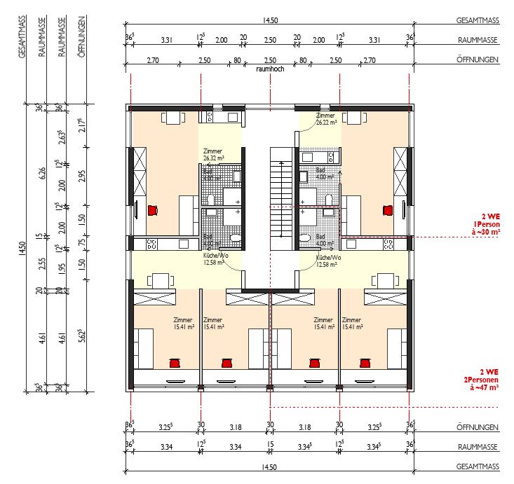Grundriss Regelgeschoss Variante Haus 1+III 2* ~30.0 m² 1-Personen-Apartments 2* ~47.