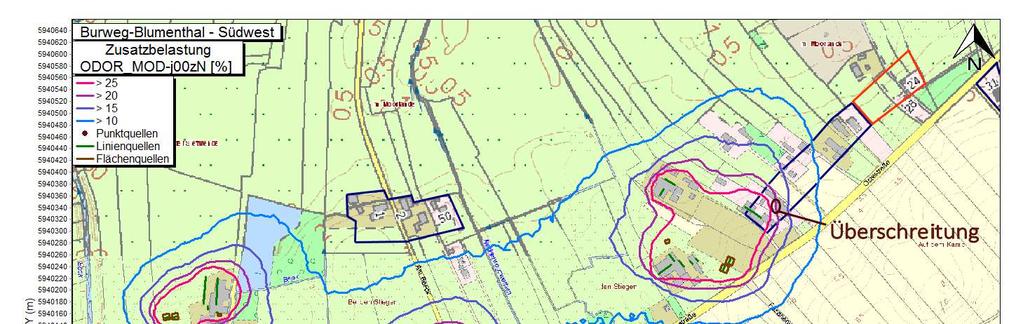 von 20 % im Umfeld eines Wohnhauses, auf Grund der unmittelbaren Lage des Wohnhauses zum Nachbarbetrieb, überschritten (braun markiert in Abbildung 9).