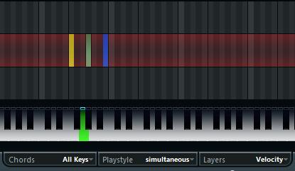 MIDI-Effekte Chorder Die verschiedenen Modi Unten links im Bedienfeld können Sie im Chords-Einblendmenü festlegen, welche Tasten der Tastaturdarstellung für das Aufnehmen von Akkorden verwendet