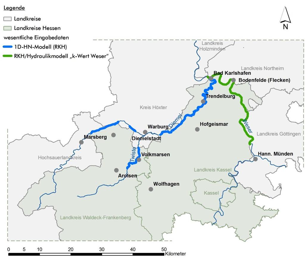 Hochwasserrisikomanagementplan Diemel/Weser in Hessen Ka itel 4 Abb. 4.1: Lagemäßige Zuordnung der wesentlichen Datengrundlagen zur Erstellung der Hochwassergefahren- und -risikokarten. ie in Ka. 3.
