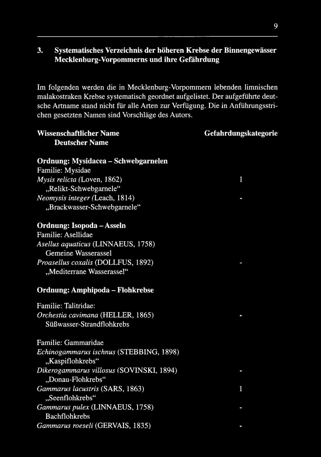 Wissenschaftlicher Name Deutscher Name Gefahrdungskategorie Ordnung: Mysidacea - Schwebgarnelen Familie: Mysidae Mysis relicta (Loven, 1862) 1 Relikt-Schwebgarnele Neomysis integer (Leach, 1814) -