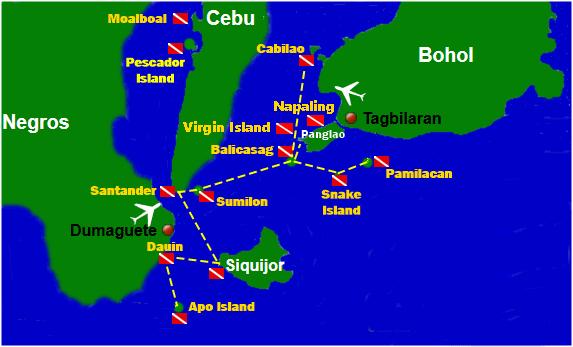 Alle Inseln befinden sich im Gebiet der Visayas mit den Hauptinseln Bohol, Cebu und Negros. Unsere Fahrten während der Tauchsafari zwischen den einzelnen Inseln sind nicht lang.