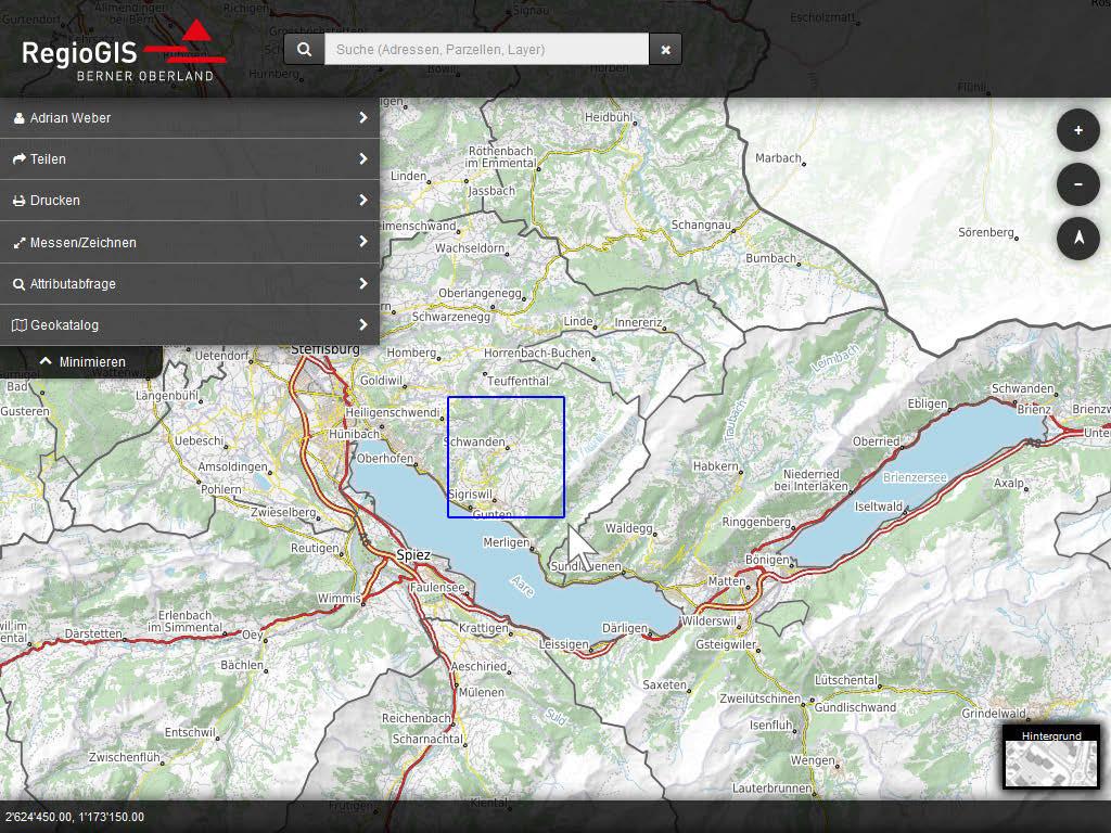 Arbeiten mit dem RegioGIS 4 3 Navigation in der Karte Kartenausschnitt verschieben: mit der linken Maustaste Kartenausschnitt vergrössern oder verkleinern: o Stufenweise mit