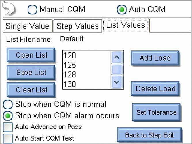 Registerkarte List Values (Werteliste): Hier können Sie eine Liste mit CQM-Widerständen erstellen, die für die Prüfung verwendet werden sollen.