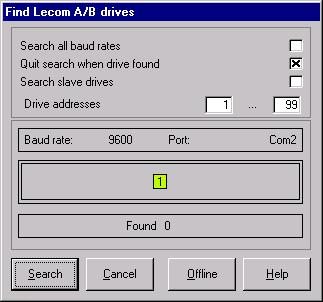 7 Dialog box "Search drives" for Lecom A/B or system bus (CAN) Button Function/Notes Search Searches for target systems connected to this port and starts GDC in online mode.