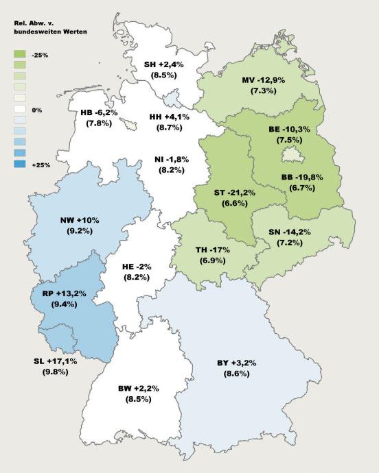 98 Abbildung 36 Anteil Erwerbspersonen mit Verordnungen von Psychopharmaka (ATC N05, N06) in Bundesländern 2012 Prozentangaben: relative Abweichungen von bundesweiten