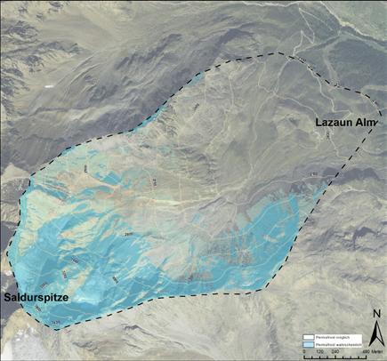 Abbildung 11: Lazaun Rezente Permafrostverbreitung (hellblau: Permafrost möglich; dunkelblau: Permafrost wahrscheinlich) Abbildung