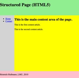 Mehrspalten-Layout mit CSS ("flüssig") header { background-color:lightgreen; height:20%; width:100%; position:absolute; left:0%; top:0%; nav { height:70%; footer { background-color:pink; height:10%;