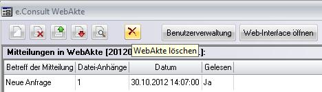 Um eine WebAkte zu löschen klicken Sie in der Toolbar auf das rote "X": WebAkten, die nicht mit
