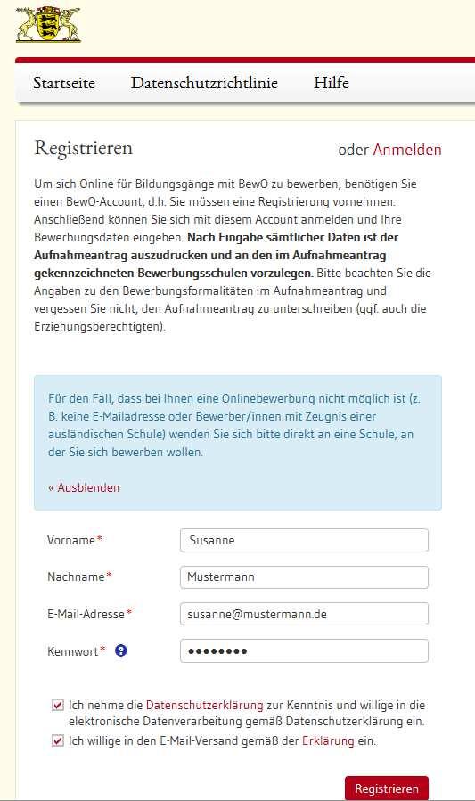 Schritt Antrag online ausfüllen Unter www.schule-in-bw.de/bewo finden Sie neben dem Login zu BewO auch aktuelle Informationen und Terminpläne für den Bewerbungsvorgang.