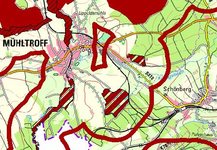 B 282 OU Mühltroff (2-streifiger Neubau, 2,8 km) - Nähe zu Wohn- und Mischgebieten III FFH I - Unvermeidbare Beeinträchtigung von Natura 2000- n Unvermeidbar Querung der Aue des Langenbacher Bachs,